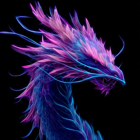 Colorful dragon in the style of a painting on a black backgroundの素材