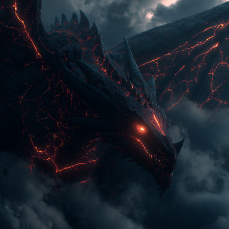 3D rendering of a fantasy dragon in the sky with red lightsの素材