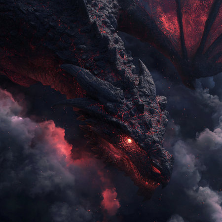 3D rendering of a fantasy dragon against a cloudy sky background.の素材