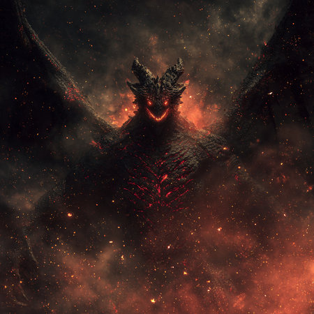 Black dragon in red space. 3D rendering and 3D illustration.の素材