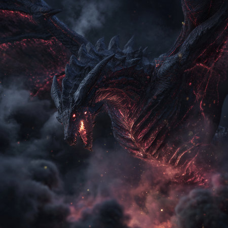 Fantasy dragon in fire and smoke. 3D illustration of a fantasy dragon.の素材