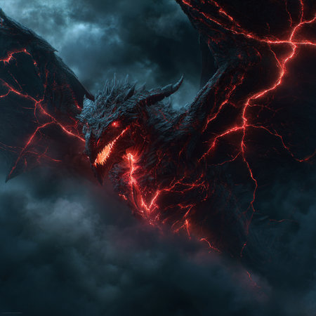 Dragon with lightning in the dark stormy sky. 3D renderingの素材