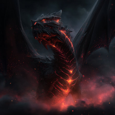 3d rendering of fantasy dragon in dark space with fire and smokeの素材