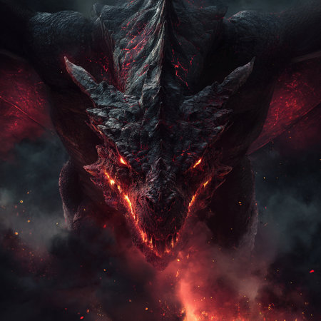 3D rendering of a dragon head with fire and smoke in the backgroundの素材
