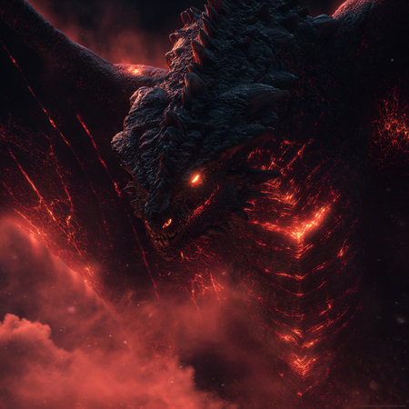 3D illustration of a fantasy dragon in a dark sky with cloudsの素材