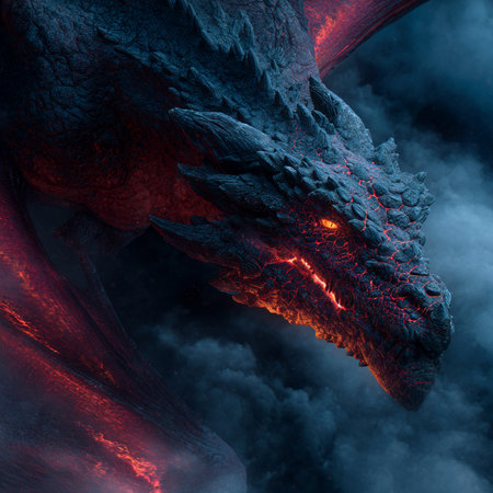 3D illustration of a fantasy dragon with fire and smoke in the backgroundの素材
