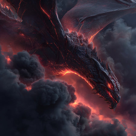Fractal 3D Illustration of a Black Dragon with Fire Flamesの素材