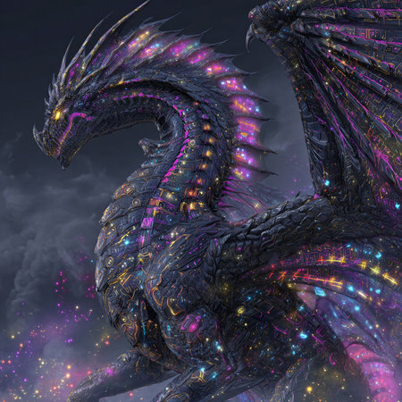 Dragon on a dark background. 3D illustrations. Fantasy fractal.の素材