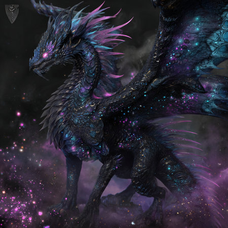 3D rendering of a fantasy dragon in a dark space with starsの素材