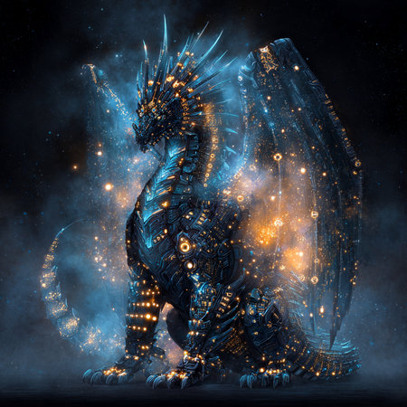 3D rendering of a fantasy dragon on a dark background with starsの素材