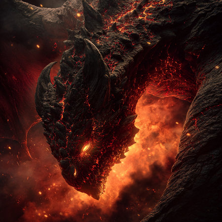 3D rendering of a fantasy dragon in a lava field with smoke and fireの素材