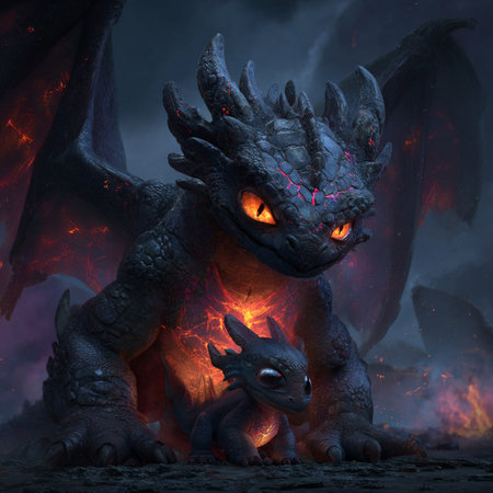 3D rendering of a fantasy dragon in the dark with fire and smokeの素材