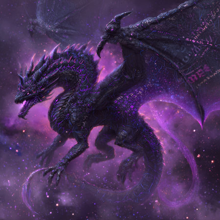 Black dragon in space with cosmic background. Fantasy illustration. 3D renderingの素材