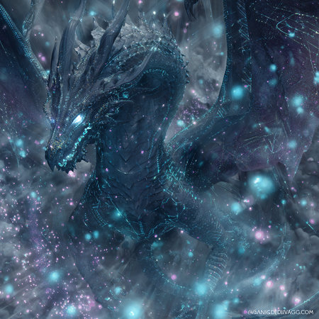 3D rendering of a fantasy dragon in space with stars and nebulaの素材