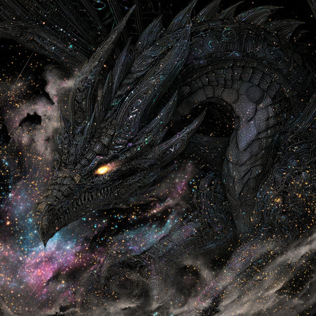 3D rendering of a fantasy dragon in space with stars and nebula.の素材