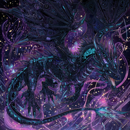 Fantasy dragon in cosmic space. Fantasy illustration. Psychedelic background.の素材