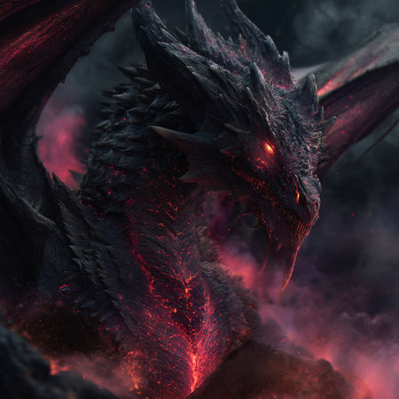 Fantasy dragon with fire and smoke on black background. 3d illustrationの素材