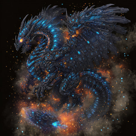 3D rendering of a fantasy dragon in space with stars and fireの素材