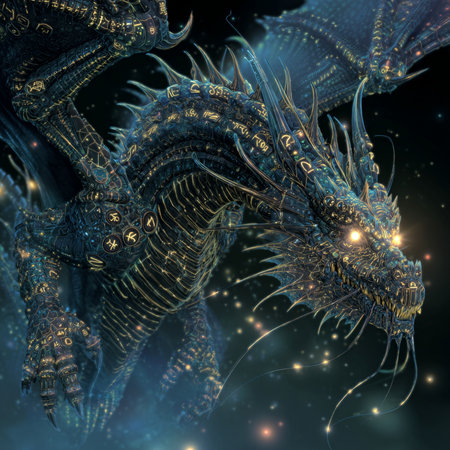3D rendering of a fantasy dragon with glowing particles and light effectsの素材