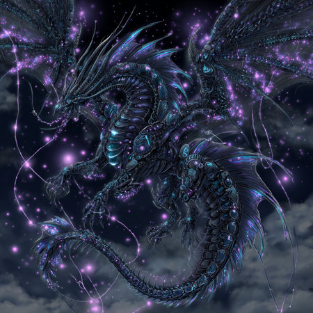 3D rendering of a fantasy dragon in the night sky with starsの素材