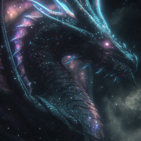 3D rendering of a fantasy dragon in space with stars and nebulaの素材