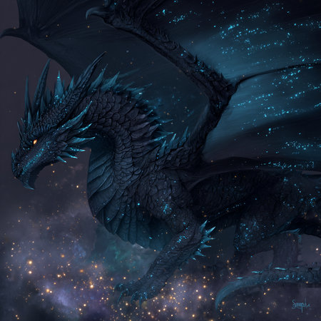 3D rendering of a fantasy dragon isolated on space background with lights and starsの素材