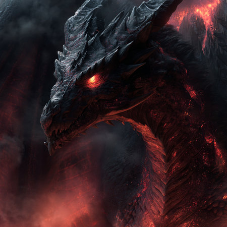 3D rendering of a fantasy dragon with fire and smoke in the backgroundの素材