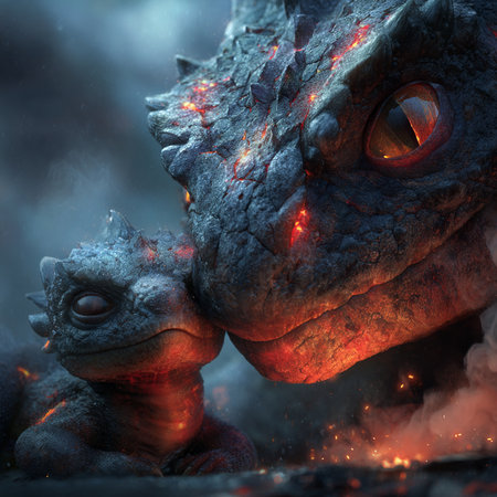 3D rendering of a fantasy dragon and a monster in the fireの素材