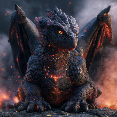 3d rendering of a fantasy dragon sitting on the ground in flamesの素材
