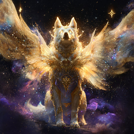 Siberian husky with golden wings on the background of cosmic space.の素材