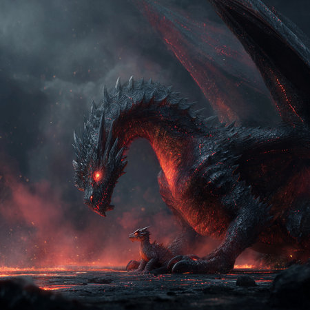 3D rendering of a fantasy dragon with fire and smoke in the backgroundの素材