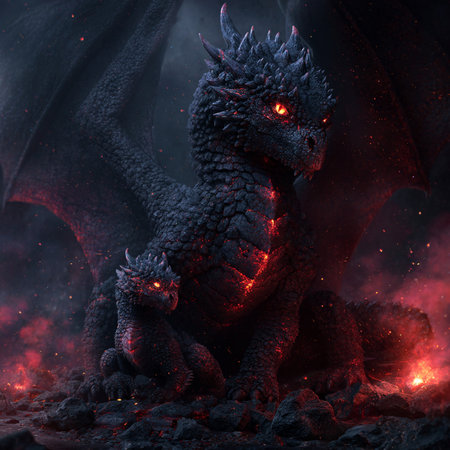 3D rendering of a fairy tale dragon with fire and smoke.の素材