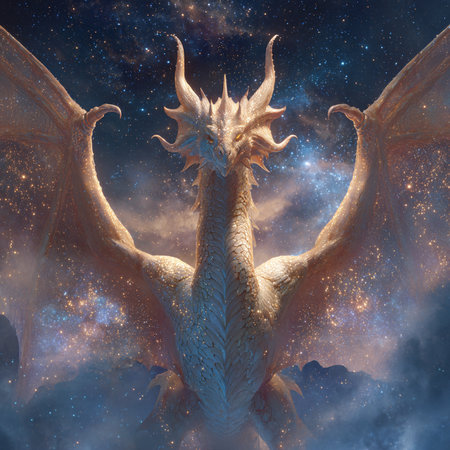 3D rendering of a fantasy dragon against a space background with starsの素材