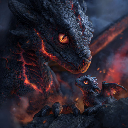 3D rendering of a fantasy dragon and a child in a fireの素材