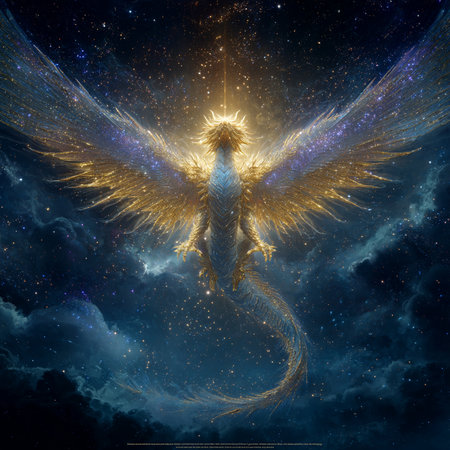 3D rendering of an angel with golden wings against a space backgroundの素材
