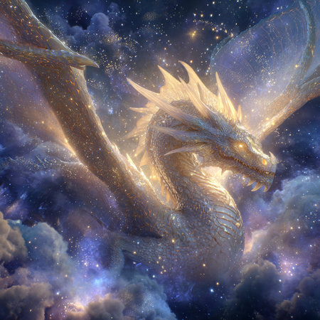3D rendering of a fantasy dragon against a space background with starsの素材