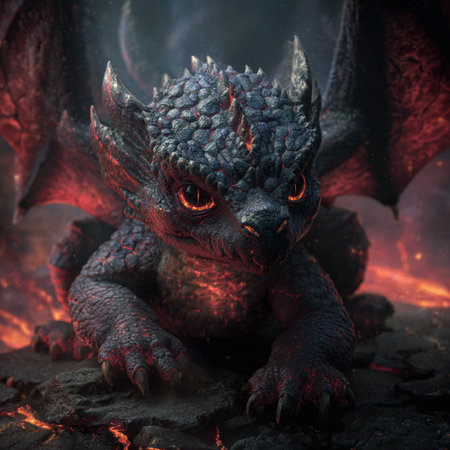 3D rendering of a fantasy dragon with fire in the background.の素材
