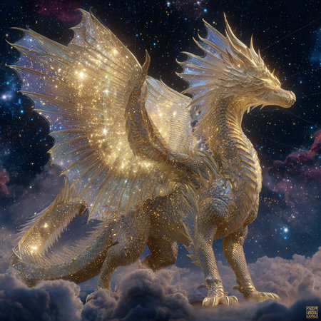 Golden dragon on a background of the night sky. 3D renderingの素材