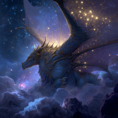 3D rendering of a fantasy dragon in a space filled with starsの素材