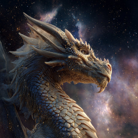 3D rendering of a fantasy dragon against a space background with starsの素材