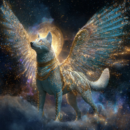 Mysterious wolf with golden wings in space. 3d renderingの素材