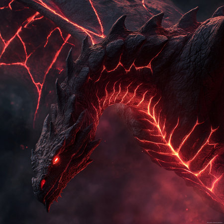 3D rendering of a fantasy dragon isolated on black background with red lightの素材