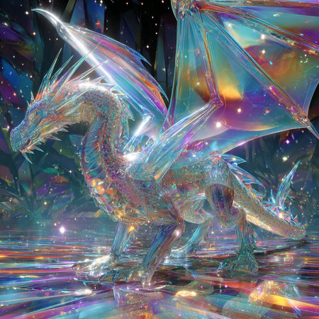 3D rendering of a fantasy dragon isolated on black background with colorful lightsの素材