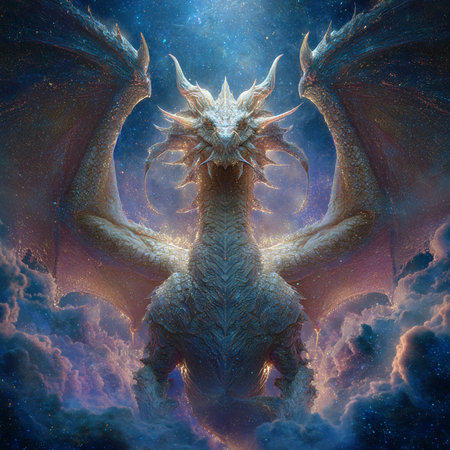 3D rendering of a fantasy dragon against a beautiful space background.の素材