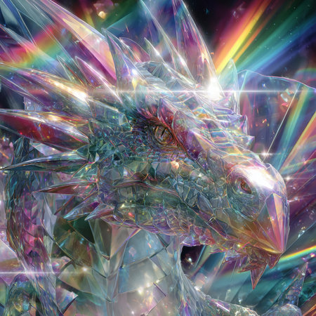 3D rendering of a fantasy dragon with a rainbow in the backgroundの素材