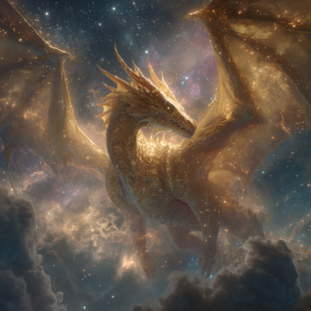 3D rendering of a fantasy dragon in space against a starry skyの素材