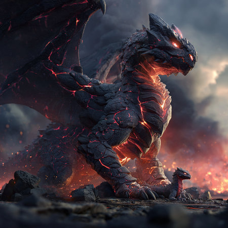 3d rendering of a fantasy dragon with fire and smoke on backgroundの素材