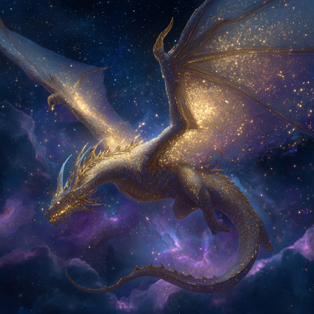3D rendering of a fantasy dragon against a colorful outer space backgroundの素材