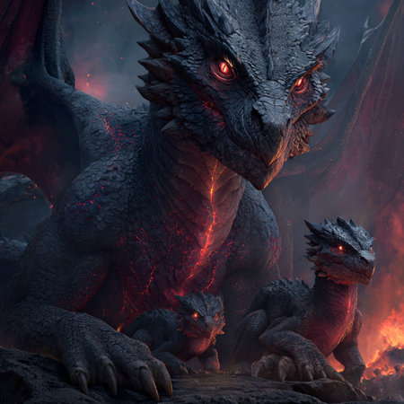 3D rendering of a fantasy dragon with fire in the background.の素材