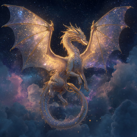 Fantasy dragon flying in the night sky. 3D illustrations.の素材